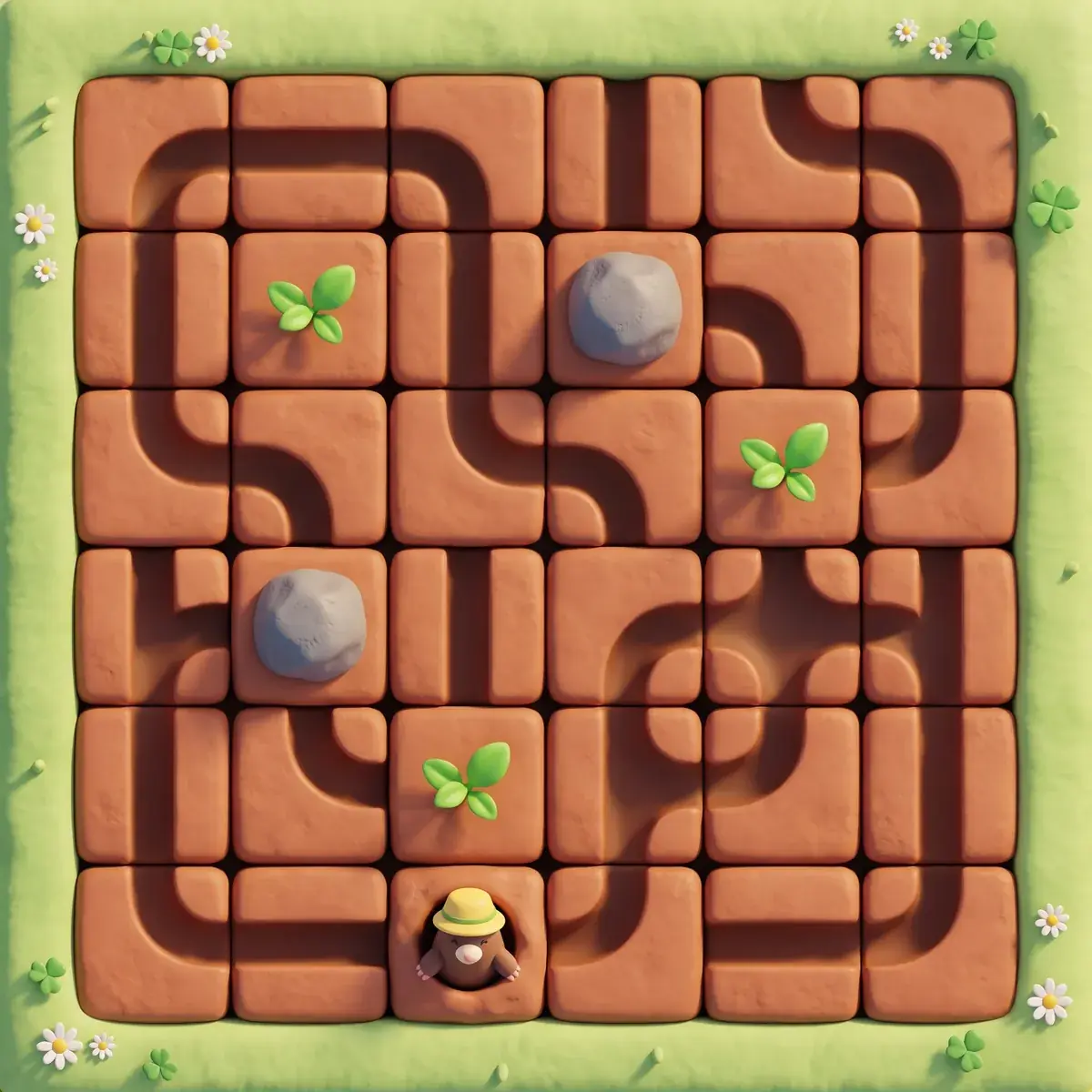 The blockout painted by AI as the finished level seen from above: terracotta tunnel tiles, rounded grey rocks and green sprouts where the blockout put them, the mole in its hat popping out of a burrow on the bottom row, a grass border with daisies