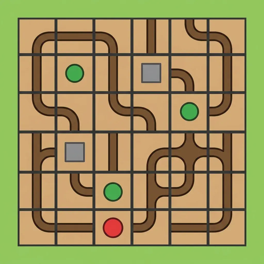 A generated top-down level blockout on a six by six grid: tan soil squares with dark brown tunnel stripes, three green circles for sprouts, two grey squares for rocks, a red circle for the player and a green grass border