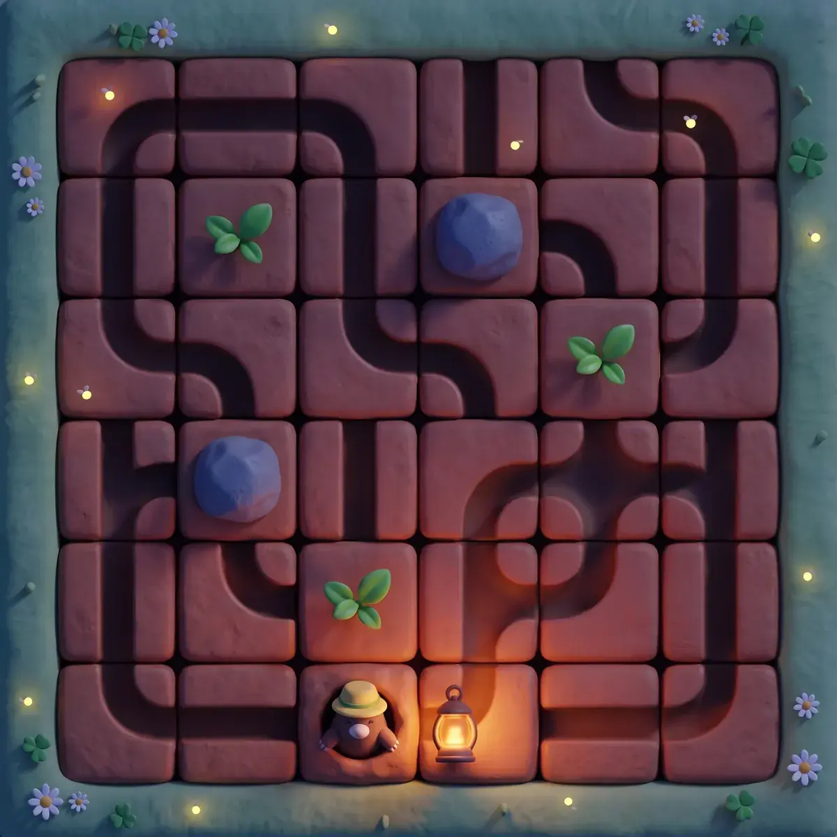 The same level at dusk, edited by AI: blue-violet light over the board, a glowing lantern beside the mole warming the nearest tiles, small fireflies over the grass, every tile, rock and sprout in place