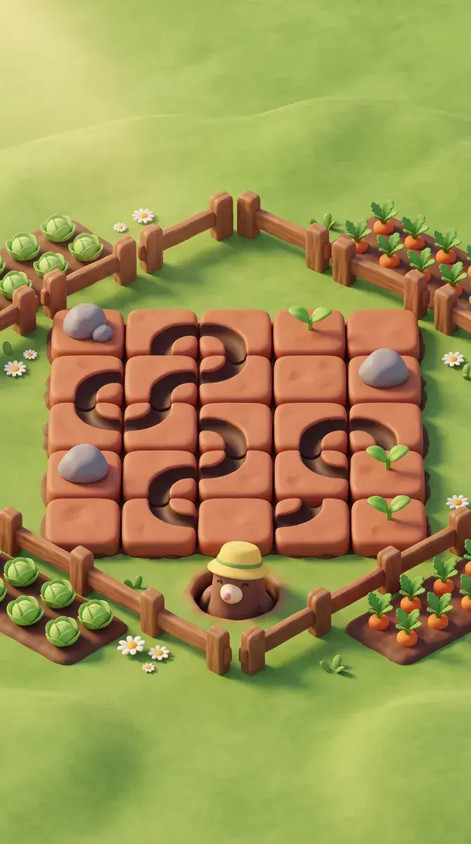 A generated tall phone level screen: a board of terracotta tunnel tiles with rocks and sprouts inside a low wooden fence, cabbage and carrot beds around it, the mole peeking from a burrow below, calm grass at the top and bottom