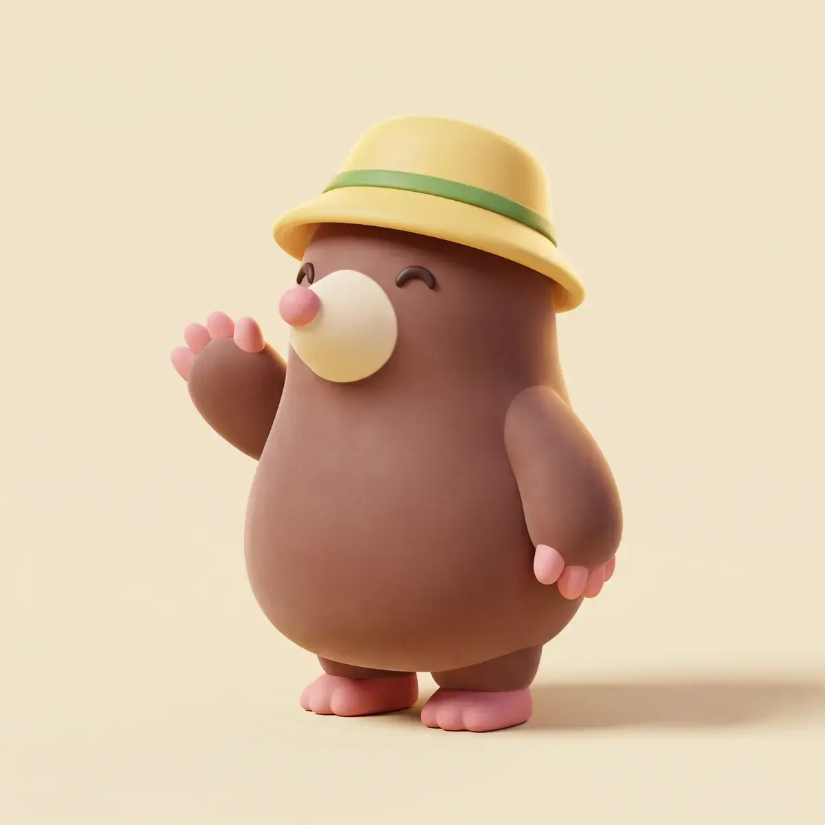 A generated game character: a small round cocoa-brown mole with a cream muzzle, a pink nose and pink paws, in a butter-yellow bucket hat with a green band, waving, in soft matte 3D on plain cream