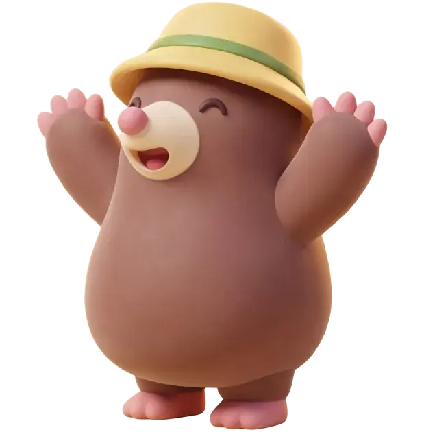 Frame 4, the mole cheering with both arms up, cut from the pose sheet by Slice onto a transparent same-size canvas