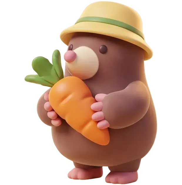 Frame 5, the mole holding a carrot, cut from the pose sheet by Slice onto a transparent same-size canvas