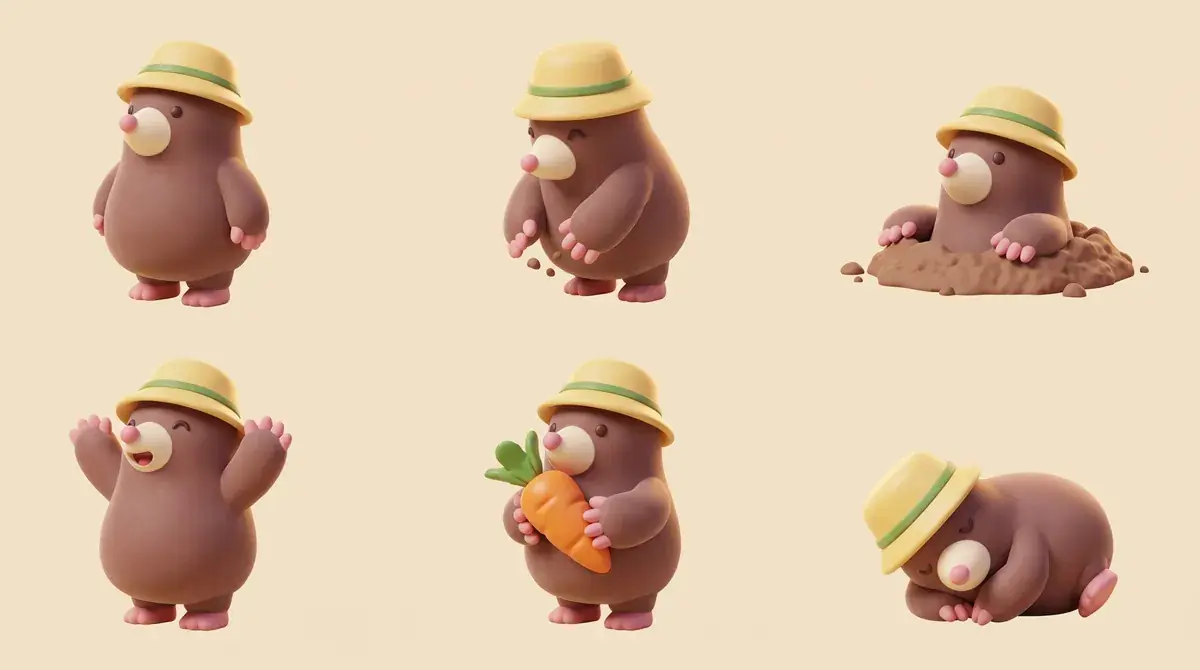 A generated sprite sheet of the mole in six poses in three columns and two rows on plain cream: standing, digging, popping out of a soil hole, cheering, holding a carrot and asleep