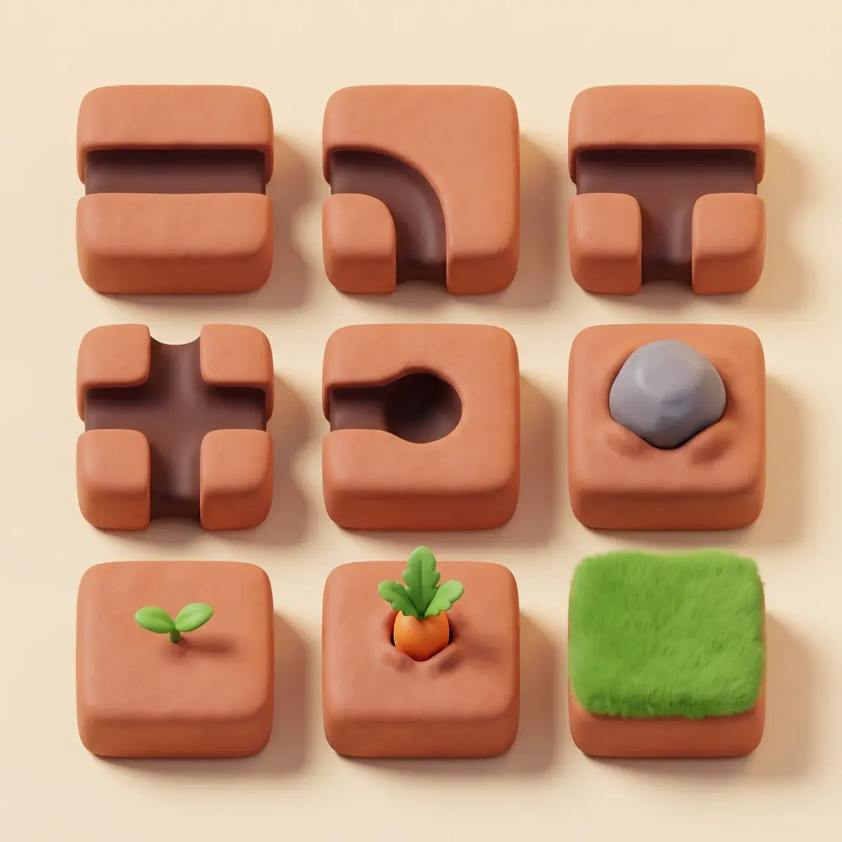 A generated tile set of nine chunky terracotta soil tiles in a three by three grid on cream: straight, corner, T and cross tunnels, a dead-end burrow, and tiles with a grey rock, a sprout, a carrot top and grass