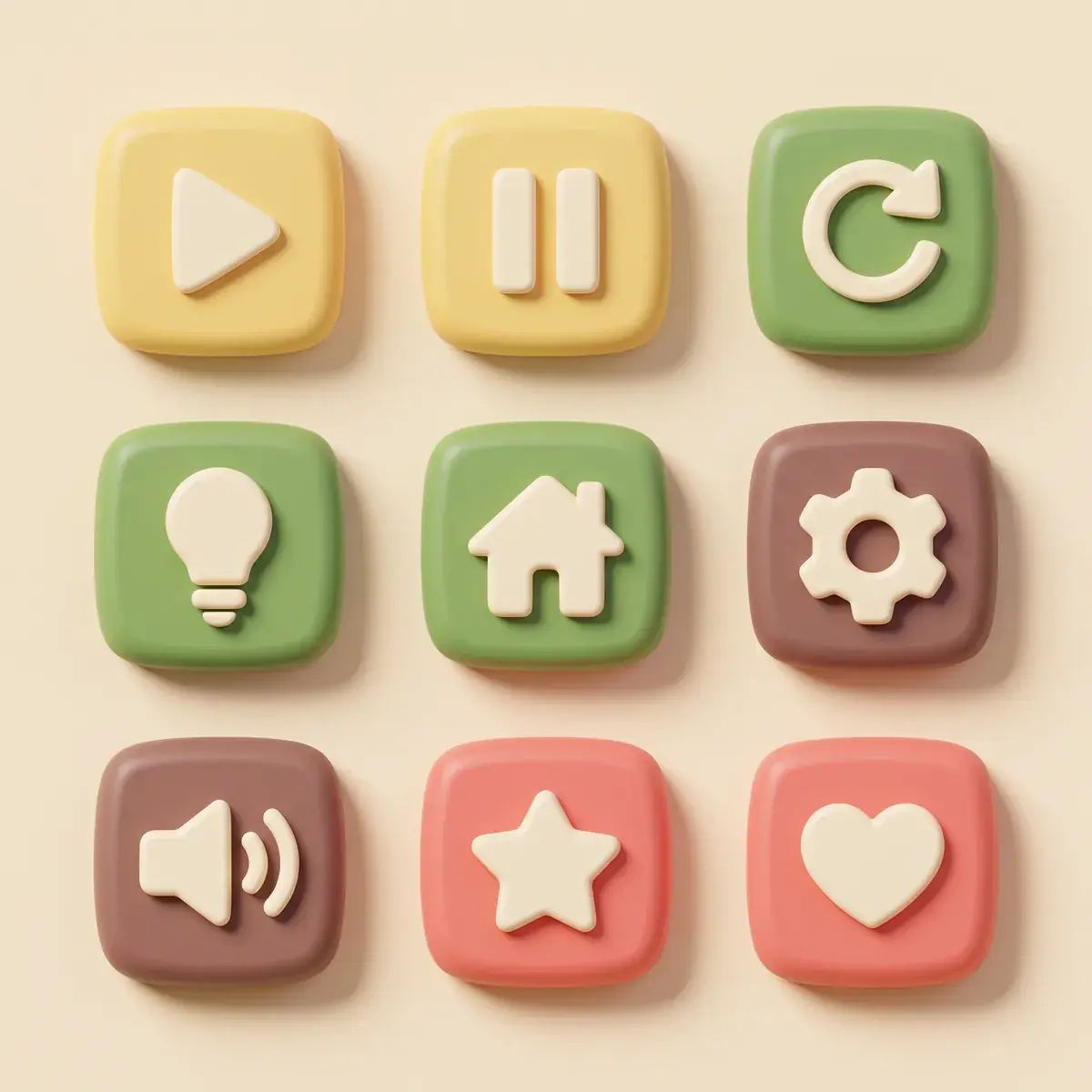 A generated sheet of nine rounded-square game buttons with raised cream glyphs: play and pause in yellow, restart, hint and home in green, settings and sound in brown, a star and a heart in coral