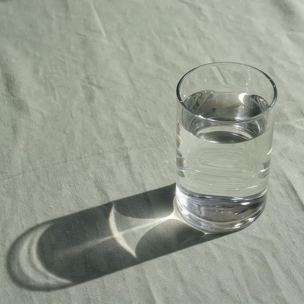 Flux 3 Image's run: a large glass of water on sage linen in the lower right, a clean crescent caustic in its shadow