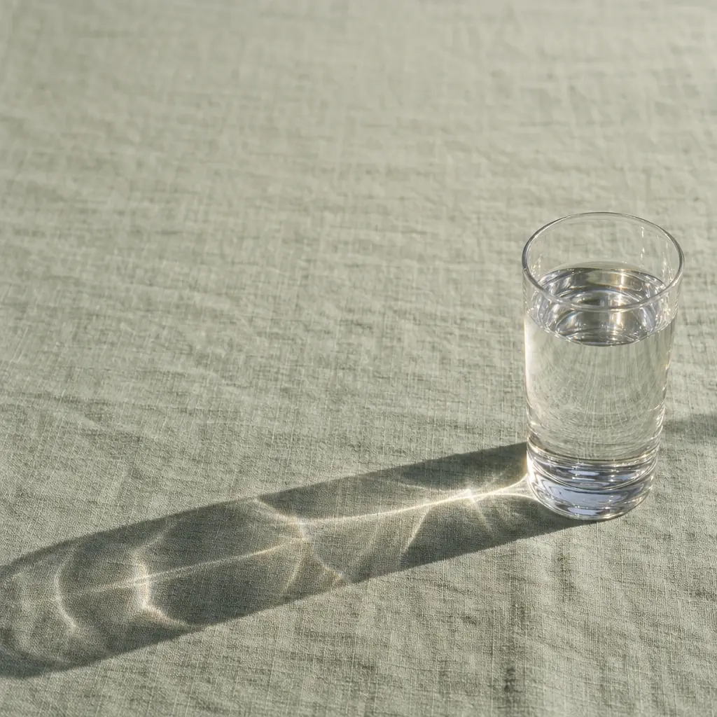 GPT Image 2.5 Sunburst's run: a tall glass of water on sage linen in the lower right, a crisp caustic ribbon in its shadow