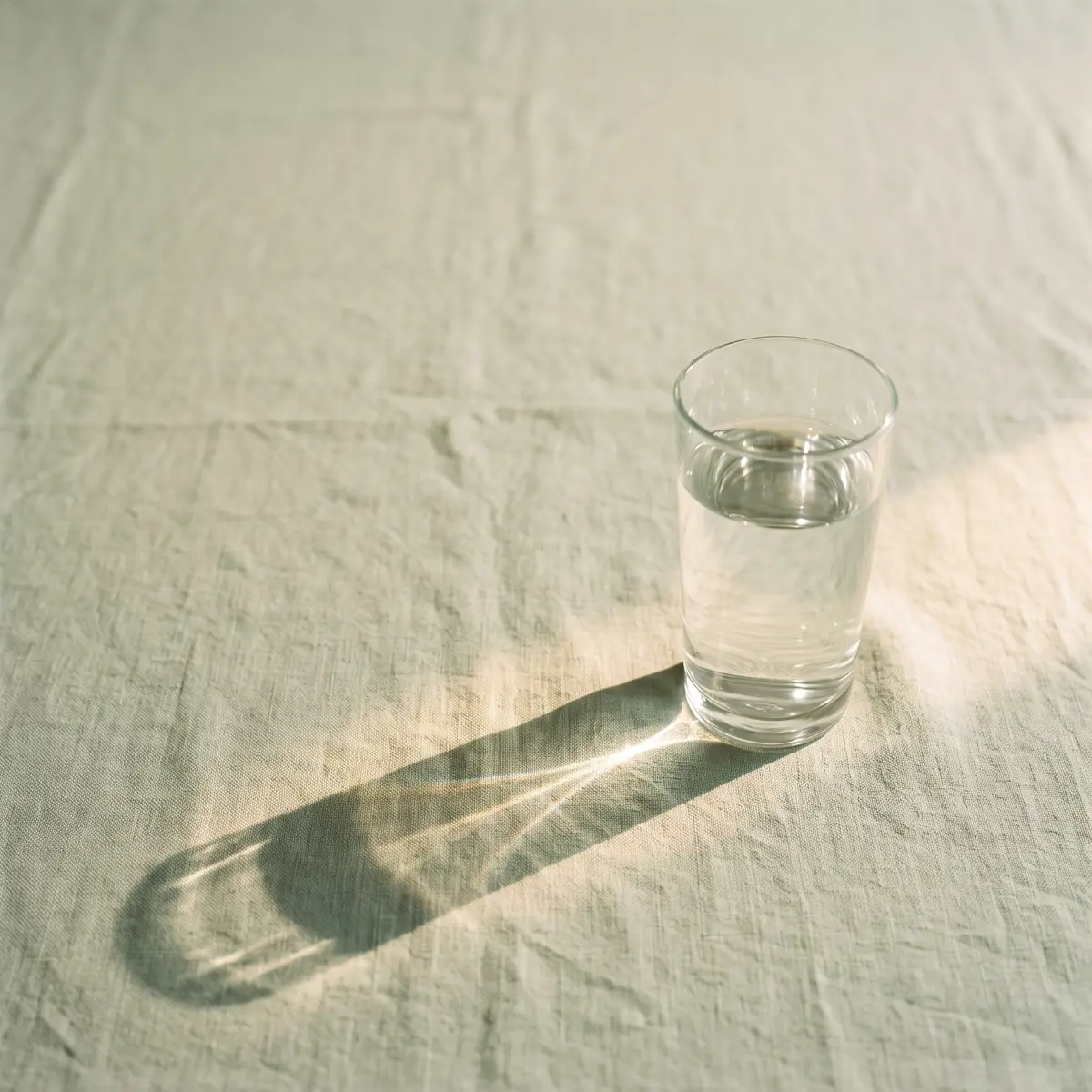 Nano Banana 2.1's run: a tall glass of water on sage linen in the lower right, a warm band of sun and a bright caustic in its shadow