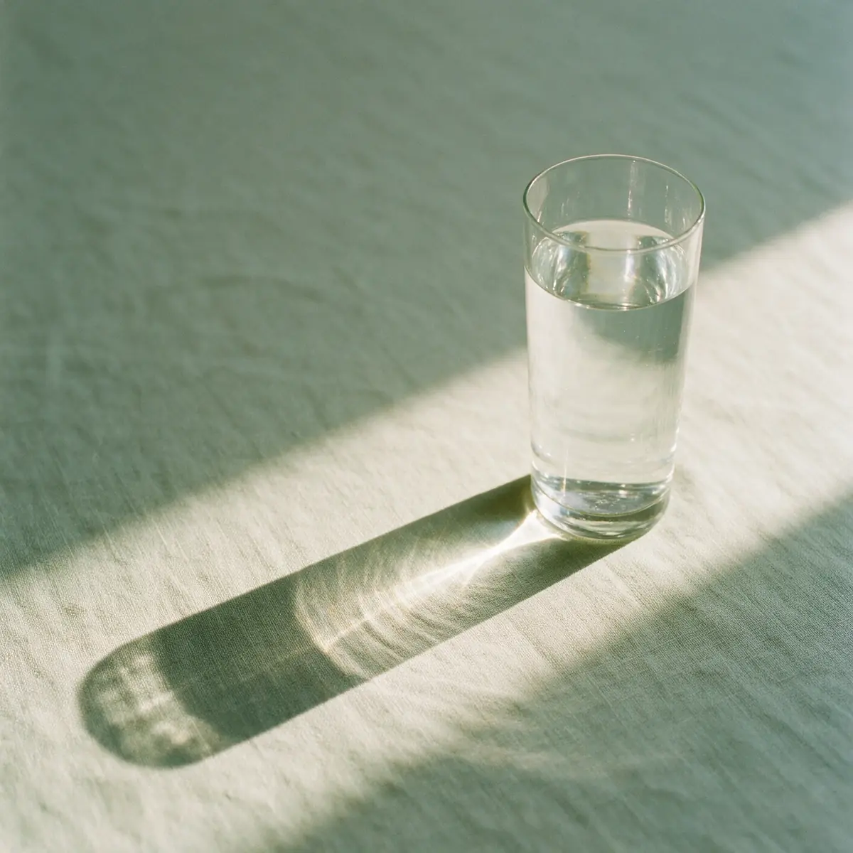 Seedream 5 Pro's run: a tall glass of water on sage linen, a diagonal band of light and a clean caustic in its shadow, the top half calm