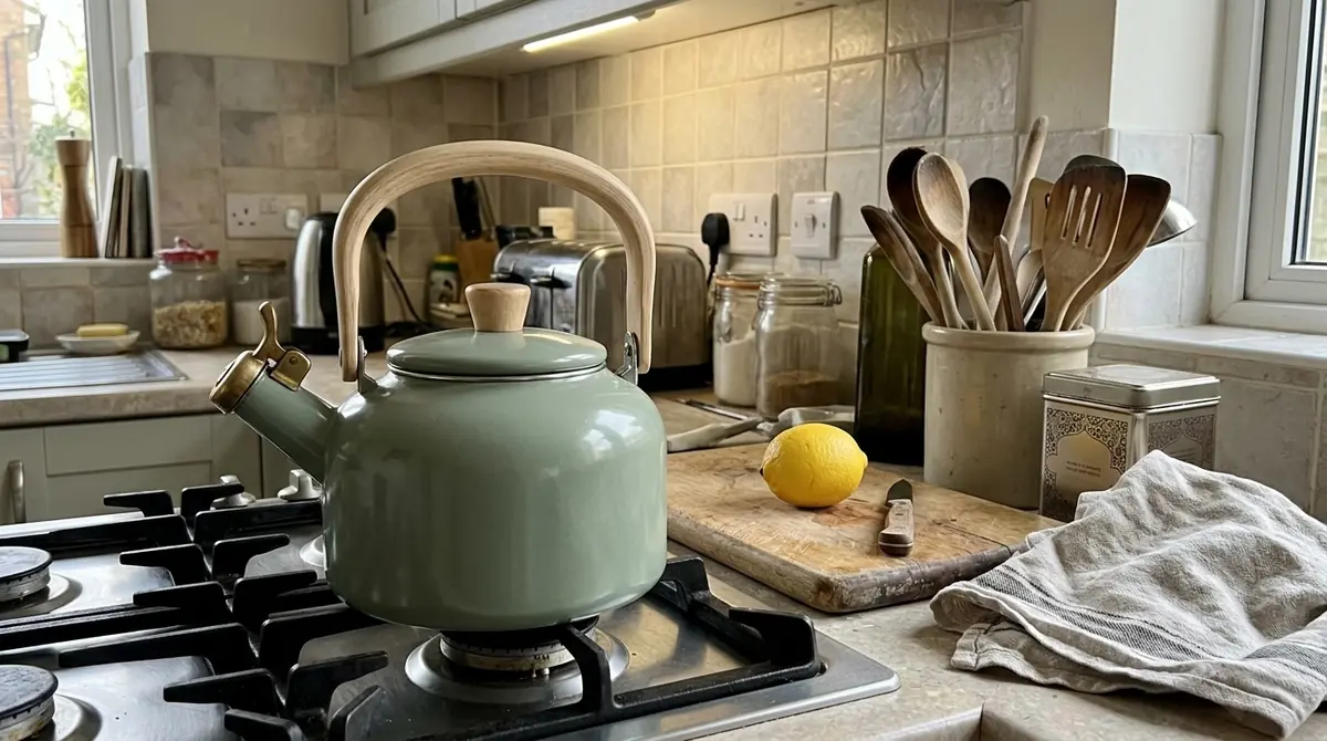 A generated phone photo of a sage green enamel kettle with an ash wood handle on a gas hob, a chopping board with a lemon, a jar of wooden spoons and a tea tin beside it