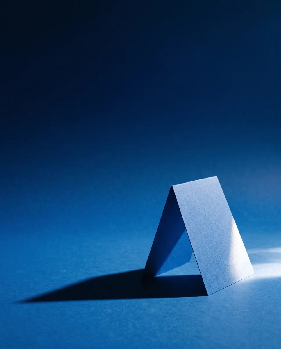 A cobalt paper fold in the lower third of a portrait poster background, a bright edge of light and a long shadow, the top deepening to ultramarine