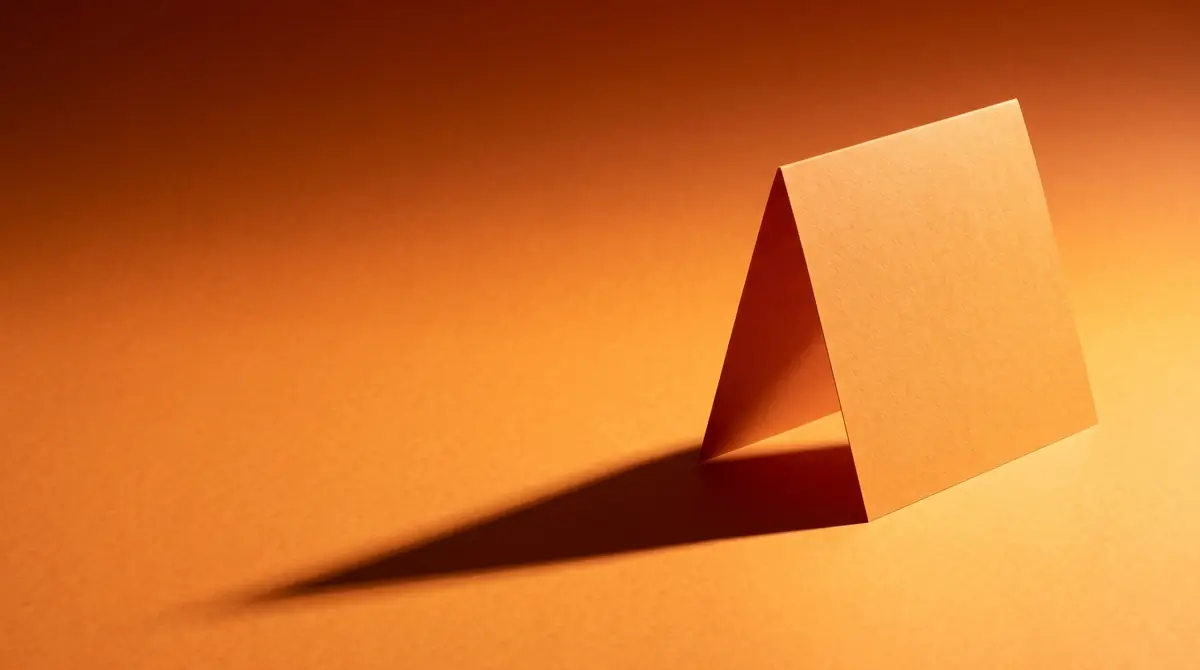 One sheet of tangerine paper folded into a tent in the right third of a tangerine ground, its long hard shadow running left, the left half open