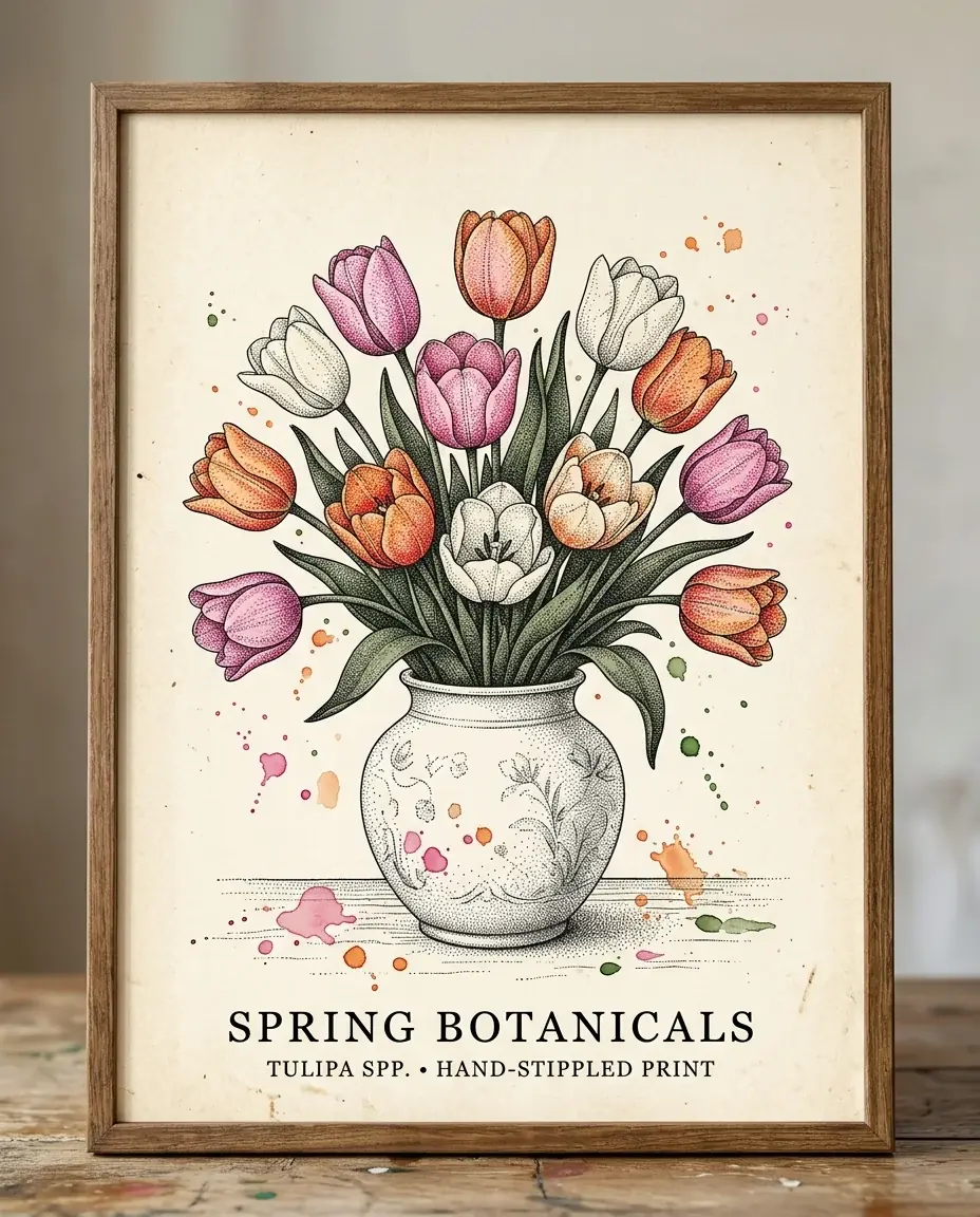 A framed stippled print of pink, orange and white tulips in a white vase with paint drops around it, titled Spring Botanicals