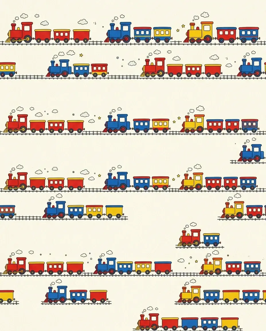 A repeating pattern of small red, blue and yellow toy trains running on tracks in rows on cream