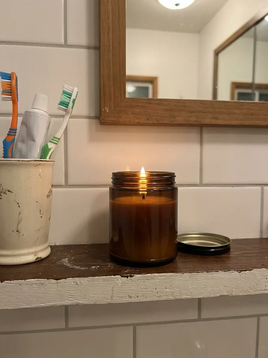 A generated phone photo of a lit amber jar candle on a bathroom shelf beside a cup of toothbrushes