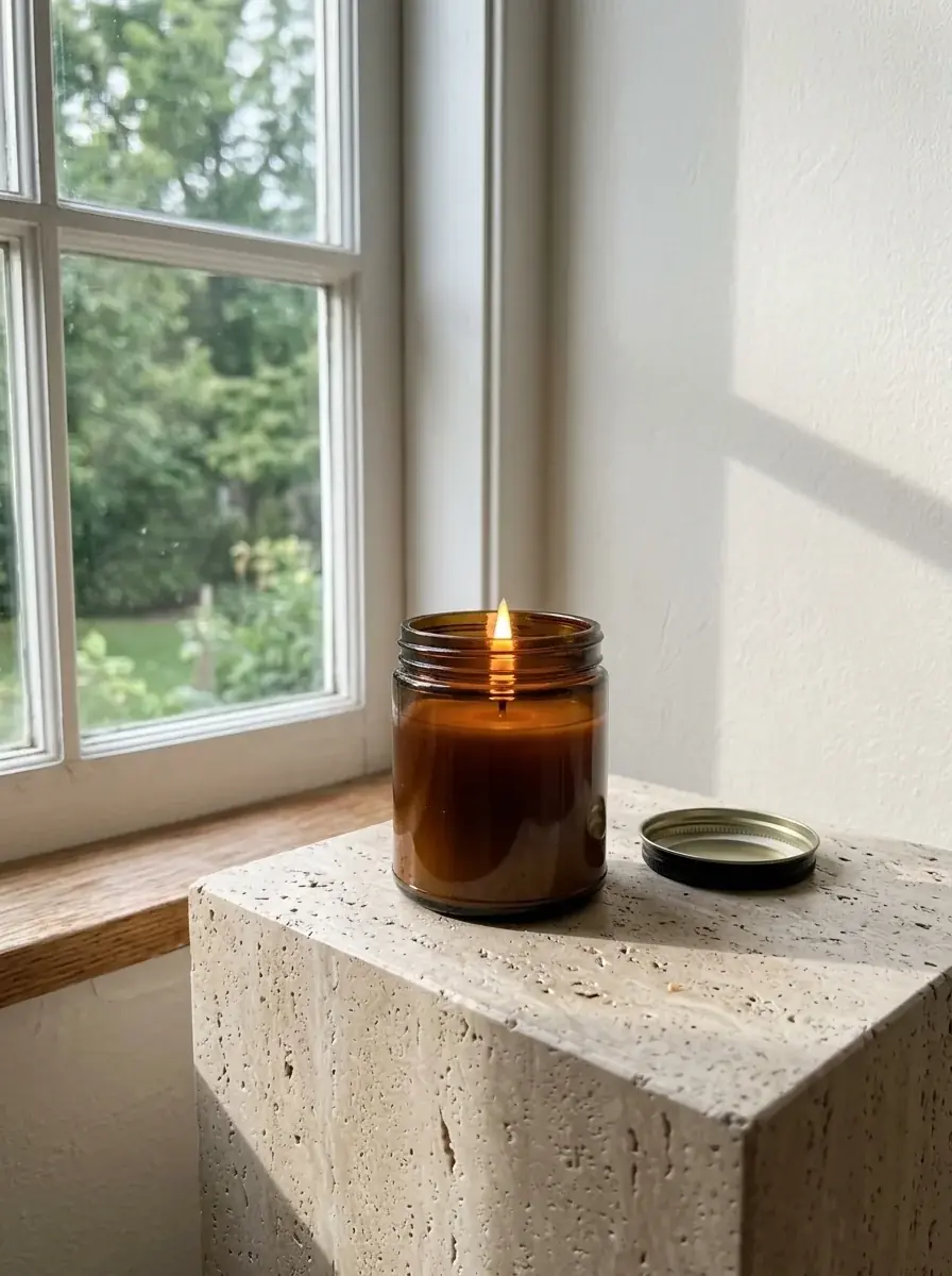 The amber jar candle placed by AI on a travertine plinth by a window in morning light
