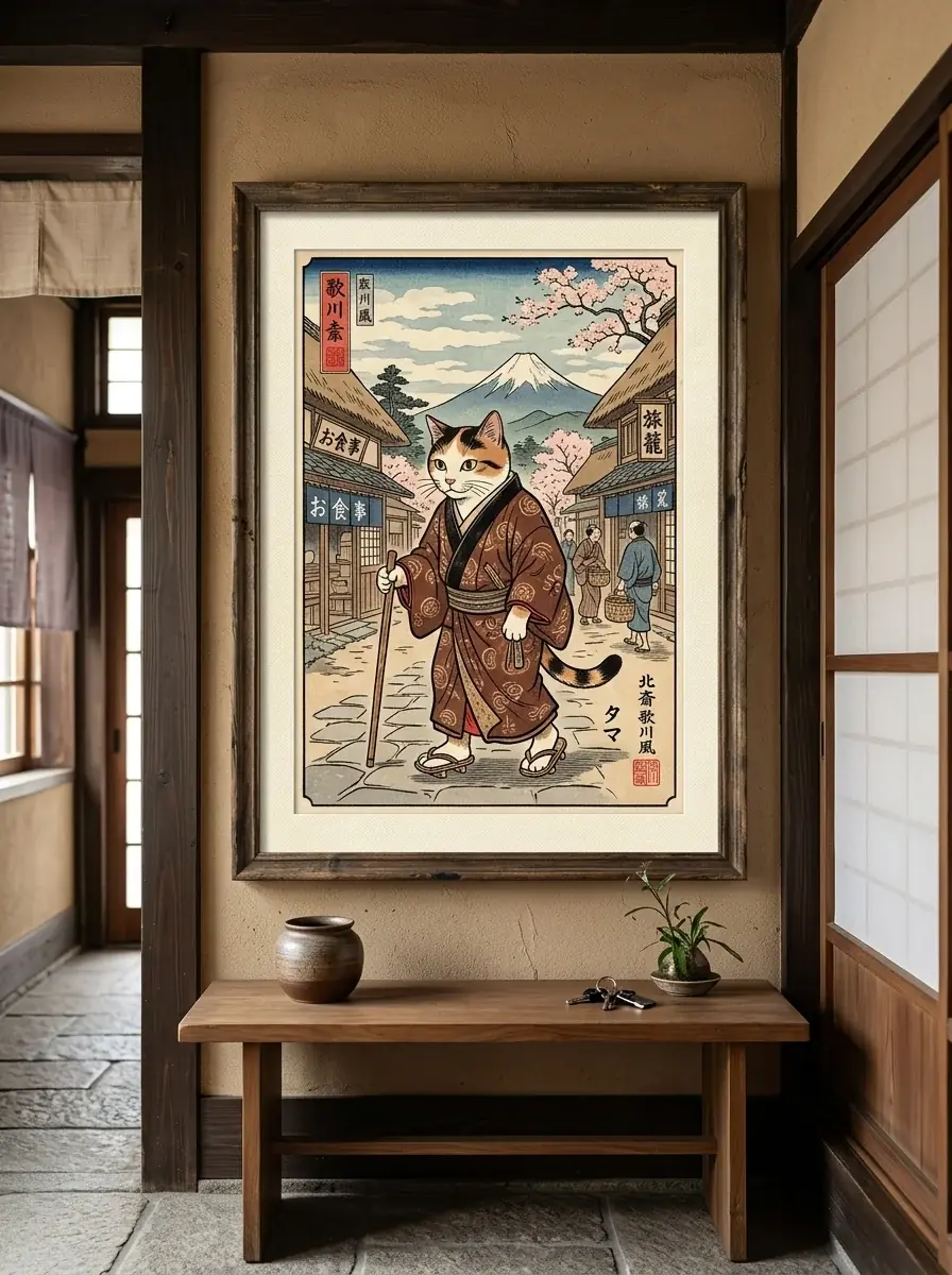A framed ukiyo-e print of a cat in a brown kimono walking with a stick down a village street, hung above a low bench in a wooden entryway
