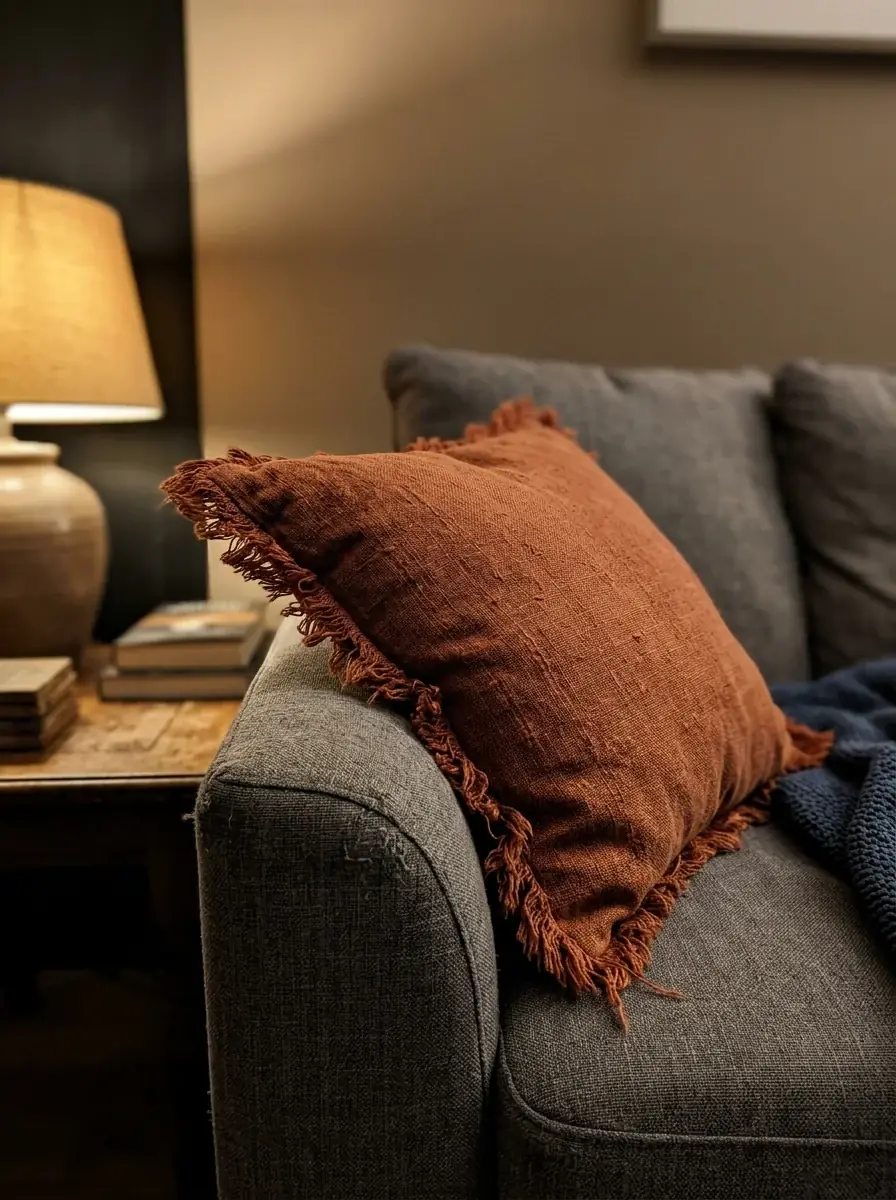 A generated phone photo of a fringed rust linen cushion on a gray sofa arm by a lamp in the evening