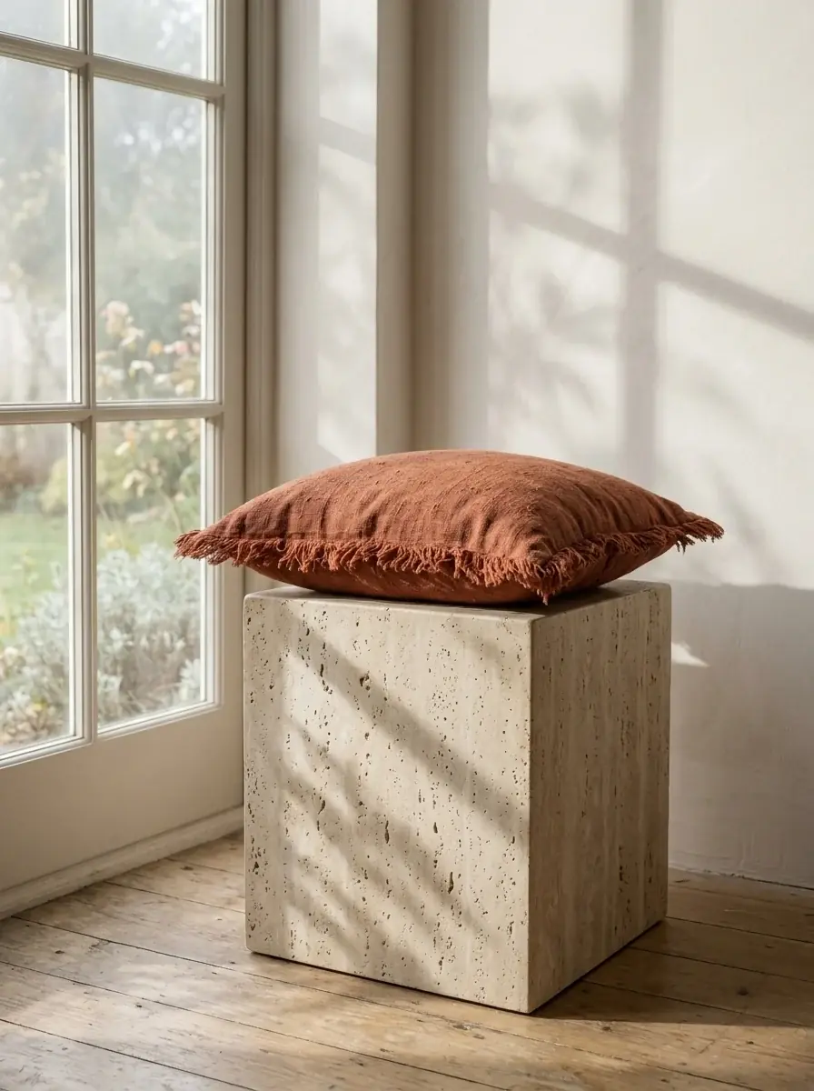 The rust fringed cushion placed by AI on a travertine plinth by a window in morning light