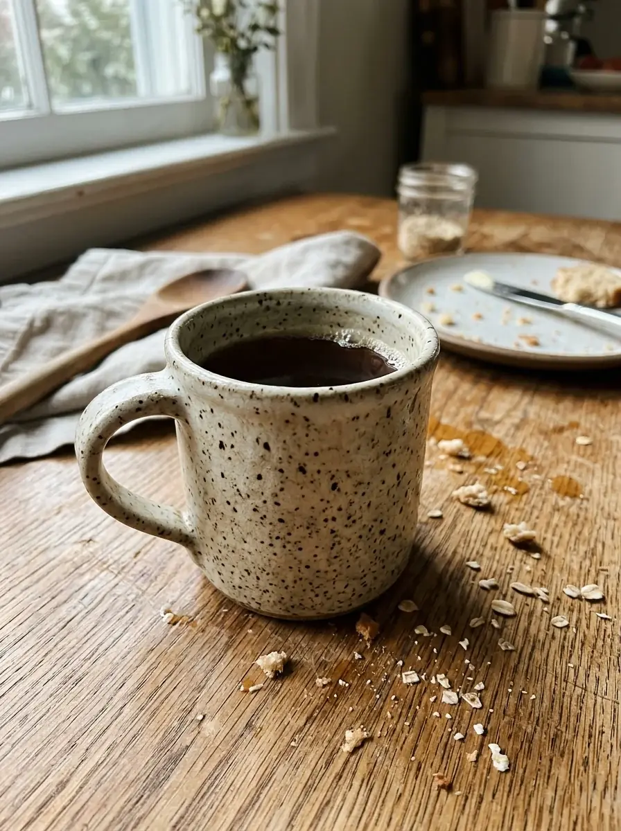 A generated phone photo of a speckled mug of coffee on a kitchen table with crumbs and a plate