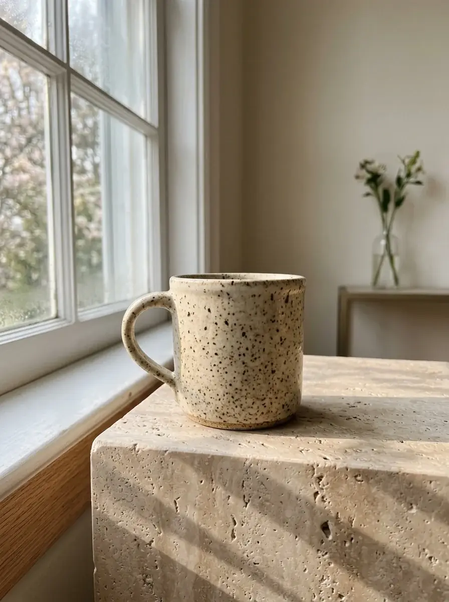 The speckled mug placed by AI on a travertine plinth by a window in morning light