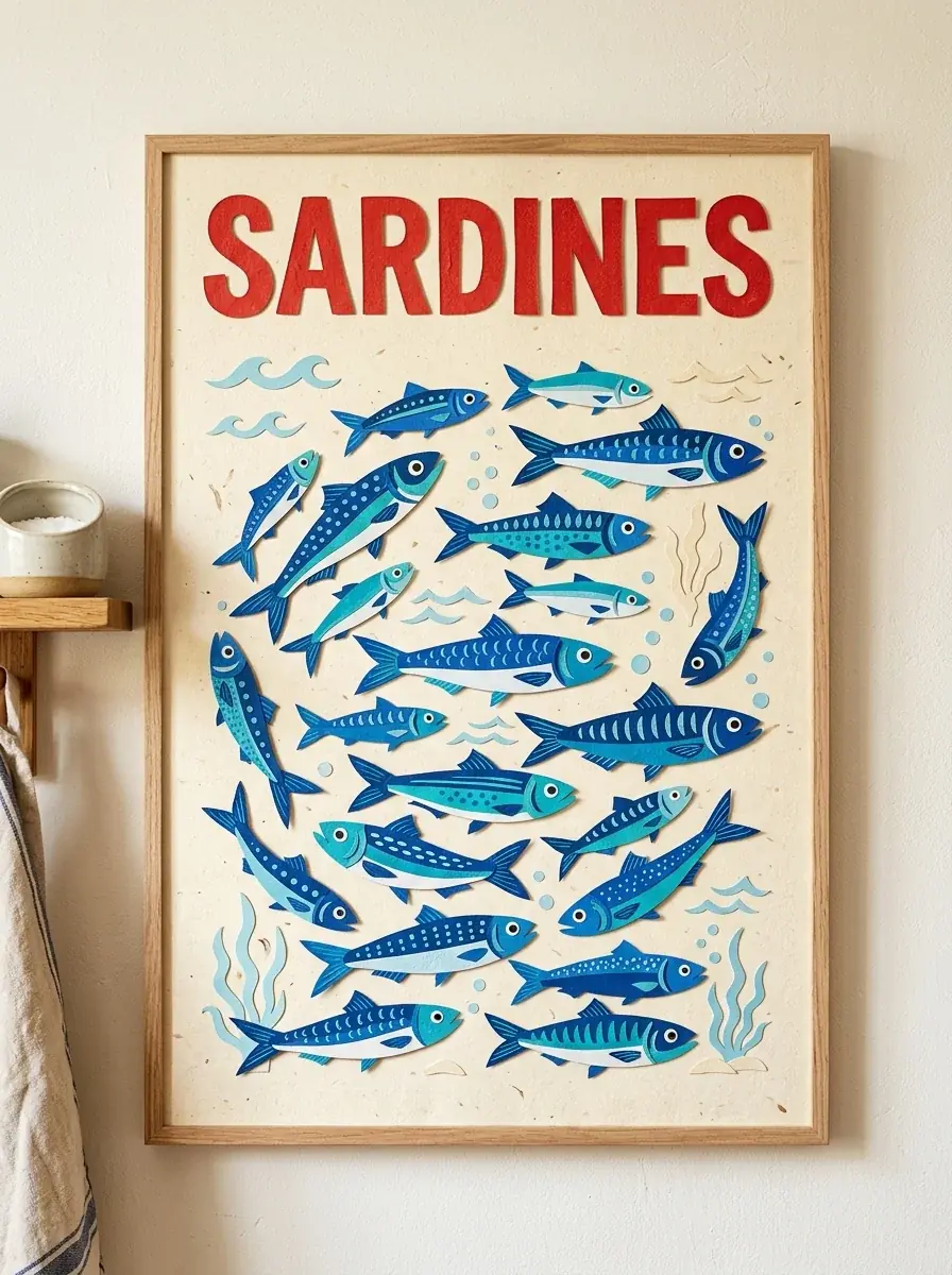 A framed cream kitchen poster of cut-paper blue sardines over small waves, SARDINES in red letters across the top
