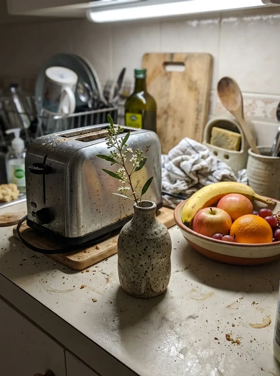 A generated phone photo of a speckled stoneware bud vase on a cluttered kitchen counter beside a toaster and a fruit bowl