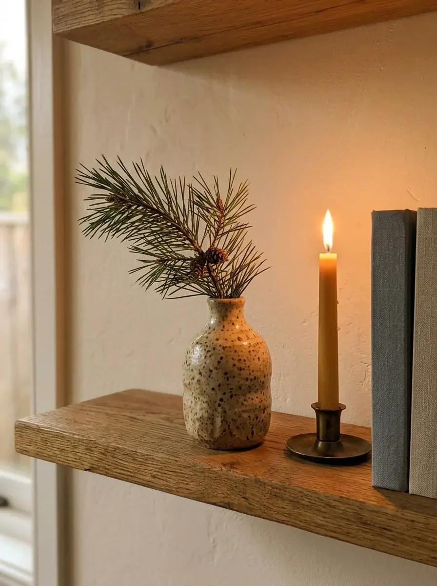The shelf restyled for the holidays by AI: a pine sprig in the vase beside a lit beeswax taper