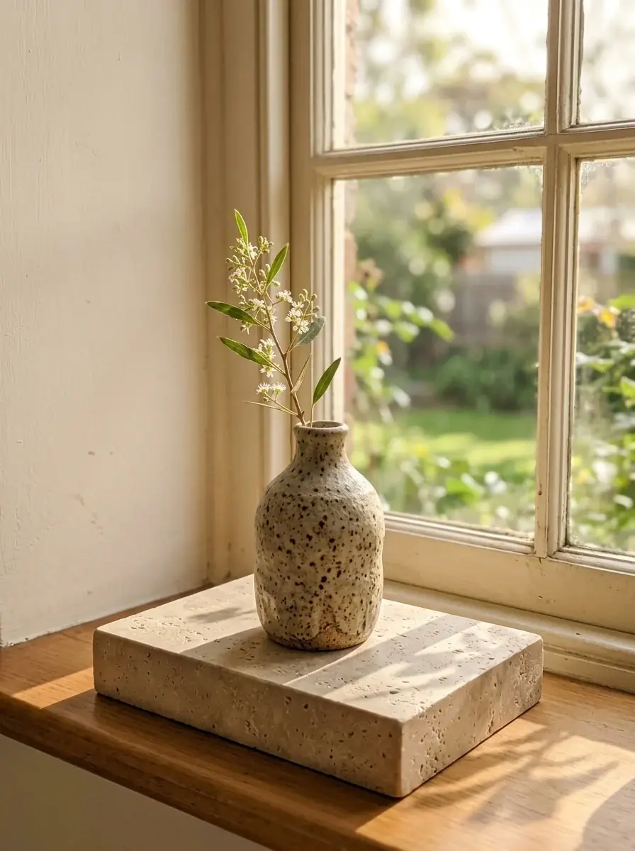 The speckled vase placed by AI on a travertine plinth by a window in morning light