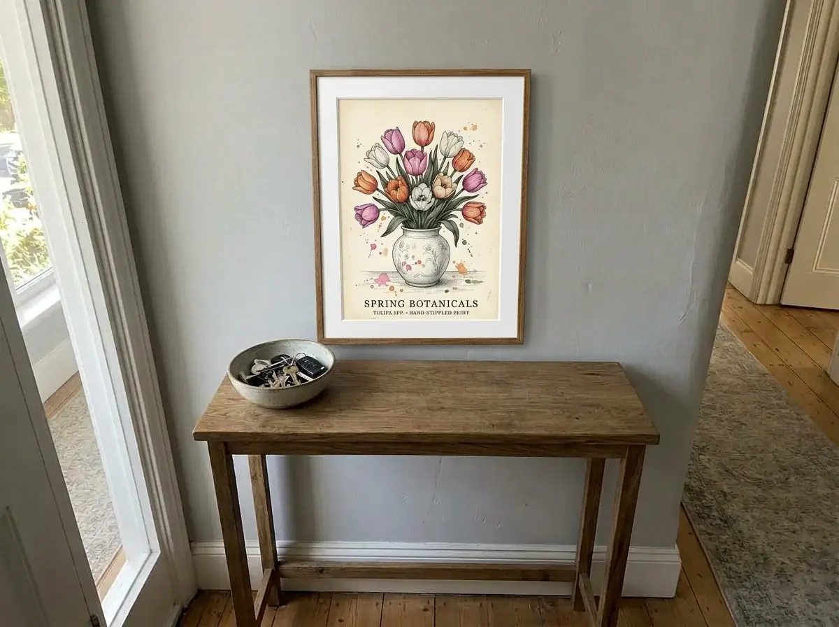 The same hallway with the tulip print hung by AI in a thin oak frame above the console