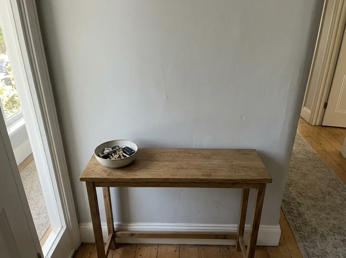 A generated phone photo of a bare light gray hallway wall above a narrow oak console with a bowl of keys