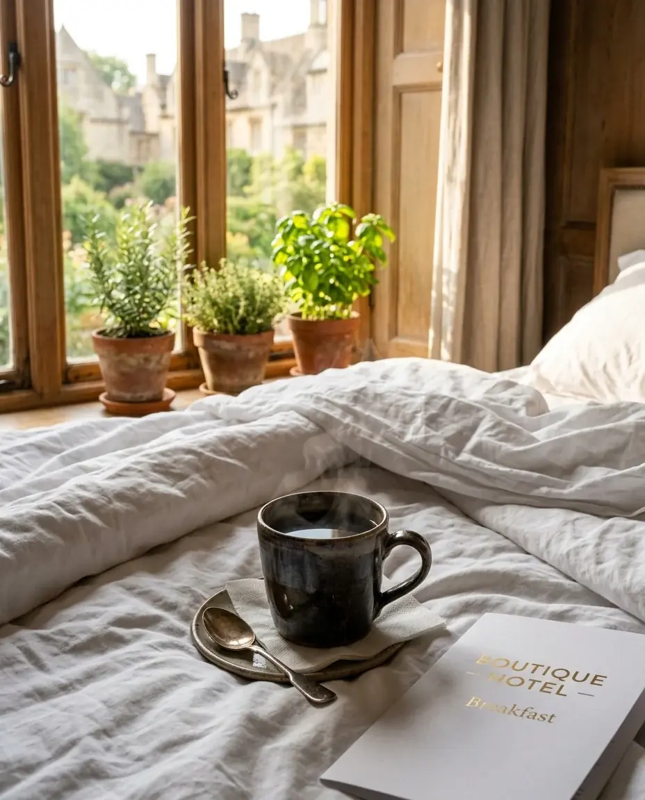 A steaming dark stoneware mug on rumpled white bedding beside a boutique hotel breakfast menu, potted herbs on the sunny windowsill behind