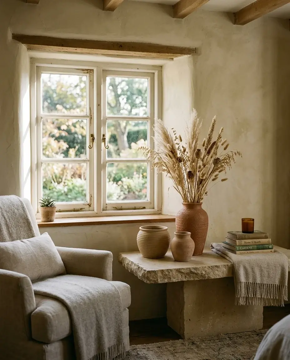 A guest room corner with clay vases and dried grasses on a limestone table under a deep window, an armchair beside it in afternoon sun