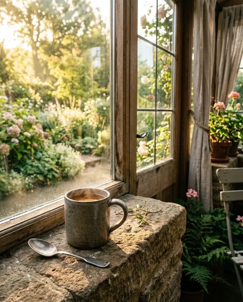A stone mug of tea on a rough stone windowsill in a garden room, the garden soft behind the glass in low warm sun