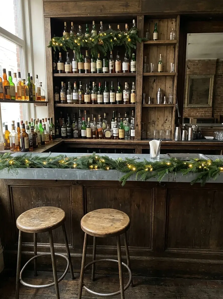 The same bar with lit fir garlands along the counter and the top shelf, added by Ideogram Edit