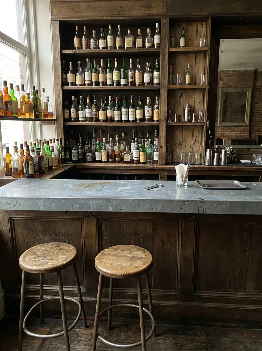 A generated phone photo of a small hotel bar: shelves of bottles behind a zinc counter and two wooden stools