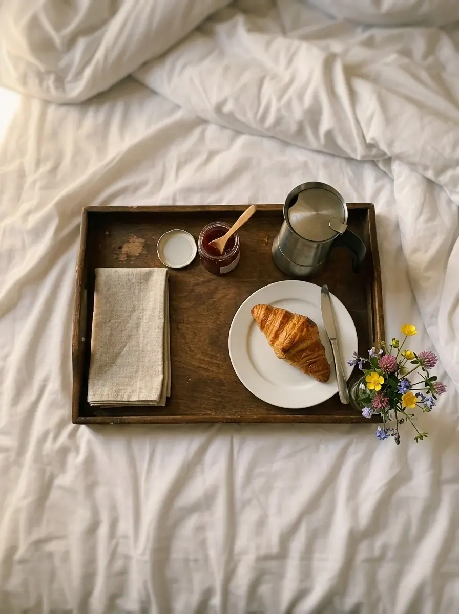 The same tray edited by AI: a linen napkin, a glass of wild flowers and soft window light, with no shadow