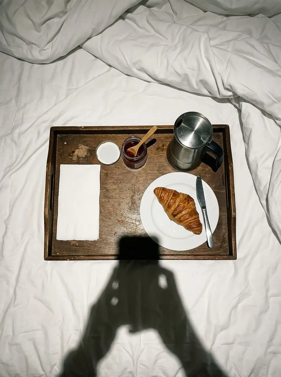 A generated phone photo from above of a breakfast tray on a bed: a croissant, a steel coffee pot, jam and a paper napkin, the phone's shadow across the tray