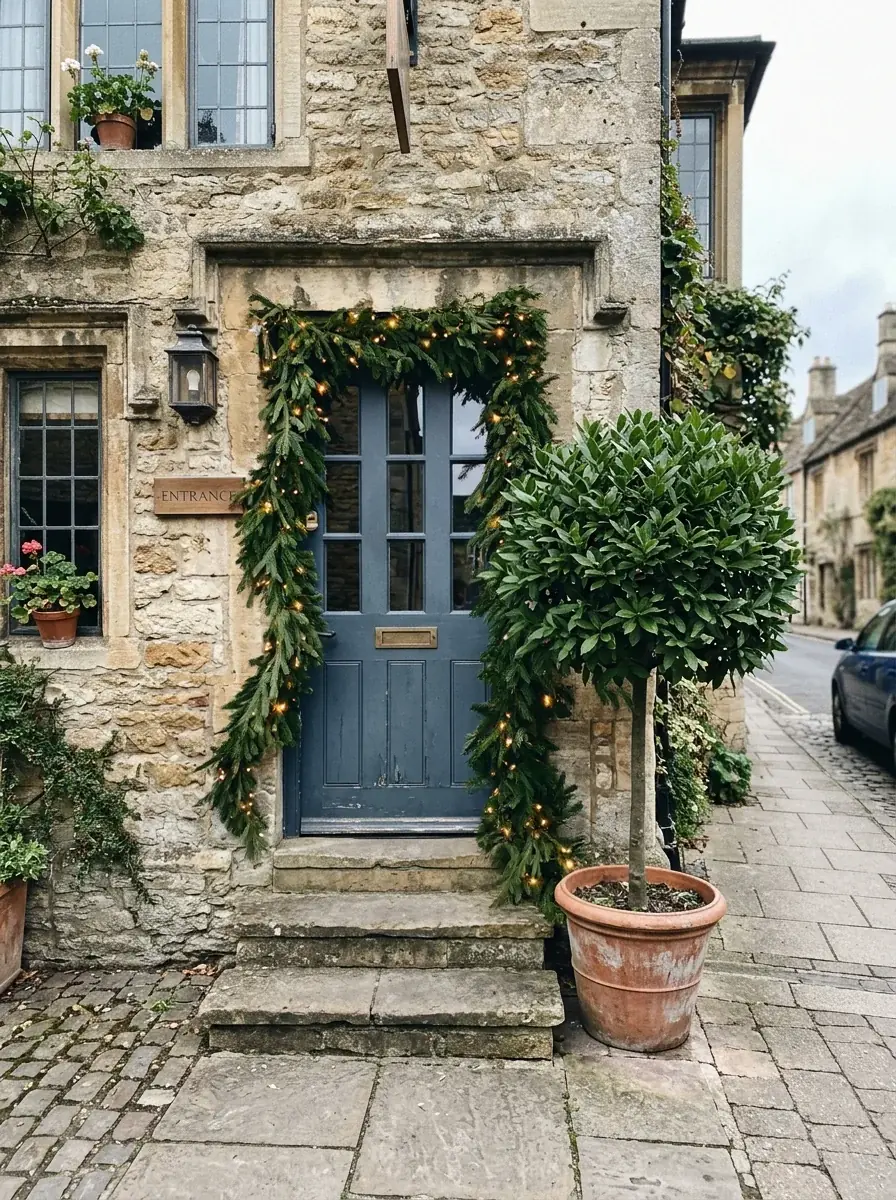 The same front door framed by a lit fir garland, added by Ideogram Edit