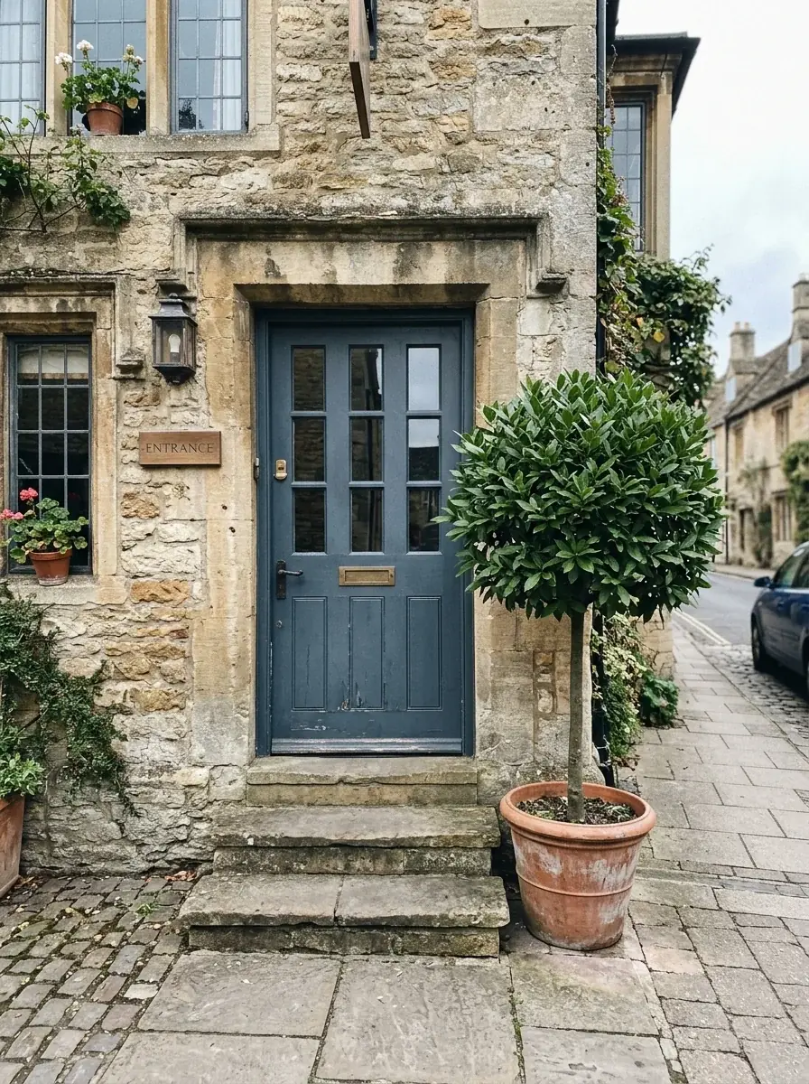 A generated phone photo of a small hotel's blue front door in a stone wall, a bay tree in a terracotta pot beside the steps