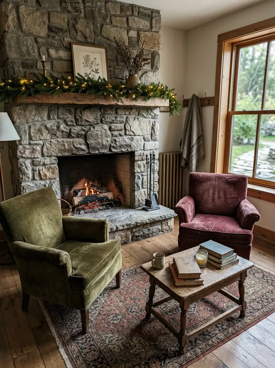 The same lobby with a lit fir garland on the mantel, added by Ideogram Edit