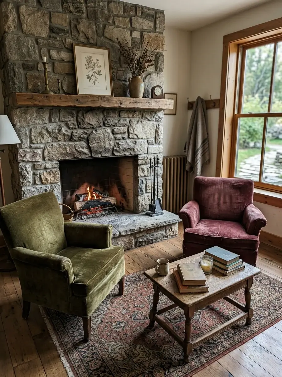 A generated phone photo of a hotel lobby: two velvet armchairs by a stone fireplace, books on a low table