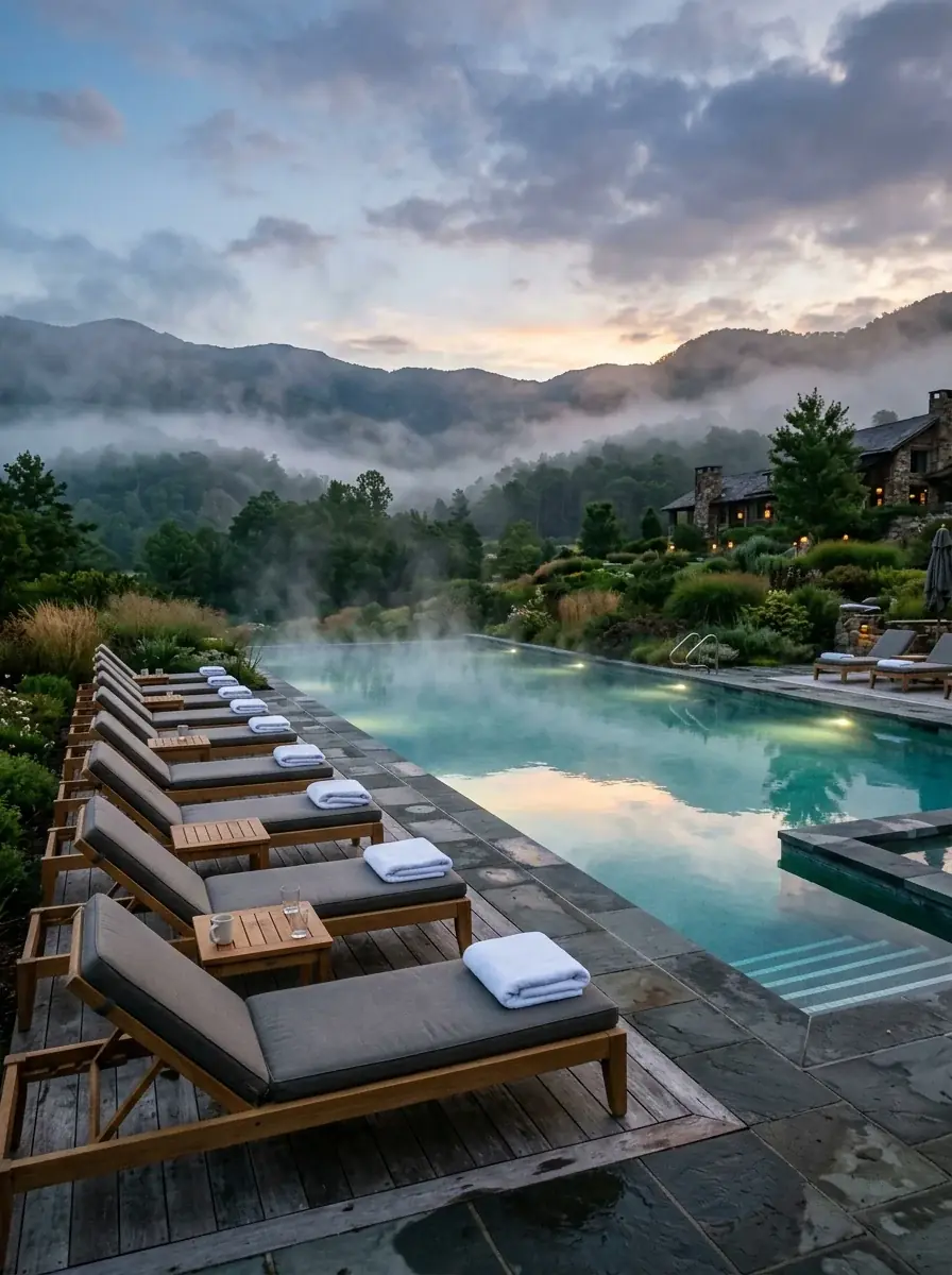 A generated photo of a hotel pool at dawn, mist on the water, folded towels on teak loungers and misty hills behind