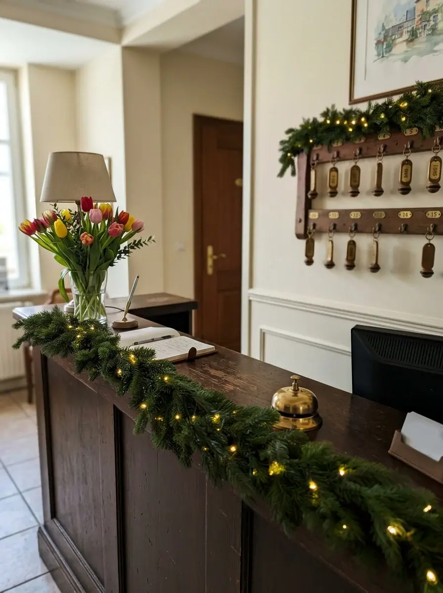 The same reception with a lit fir garland along the counter and over the key rack, added by Ideogram Edit