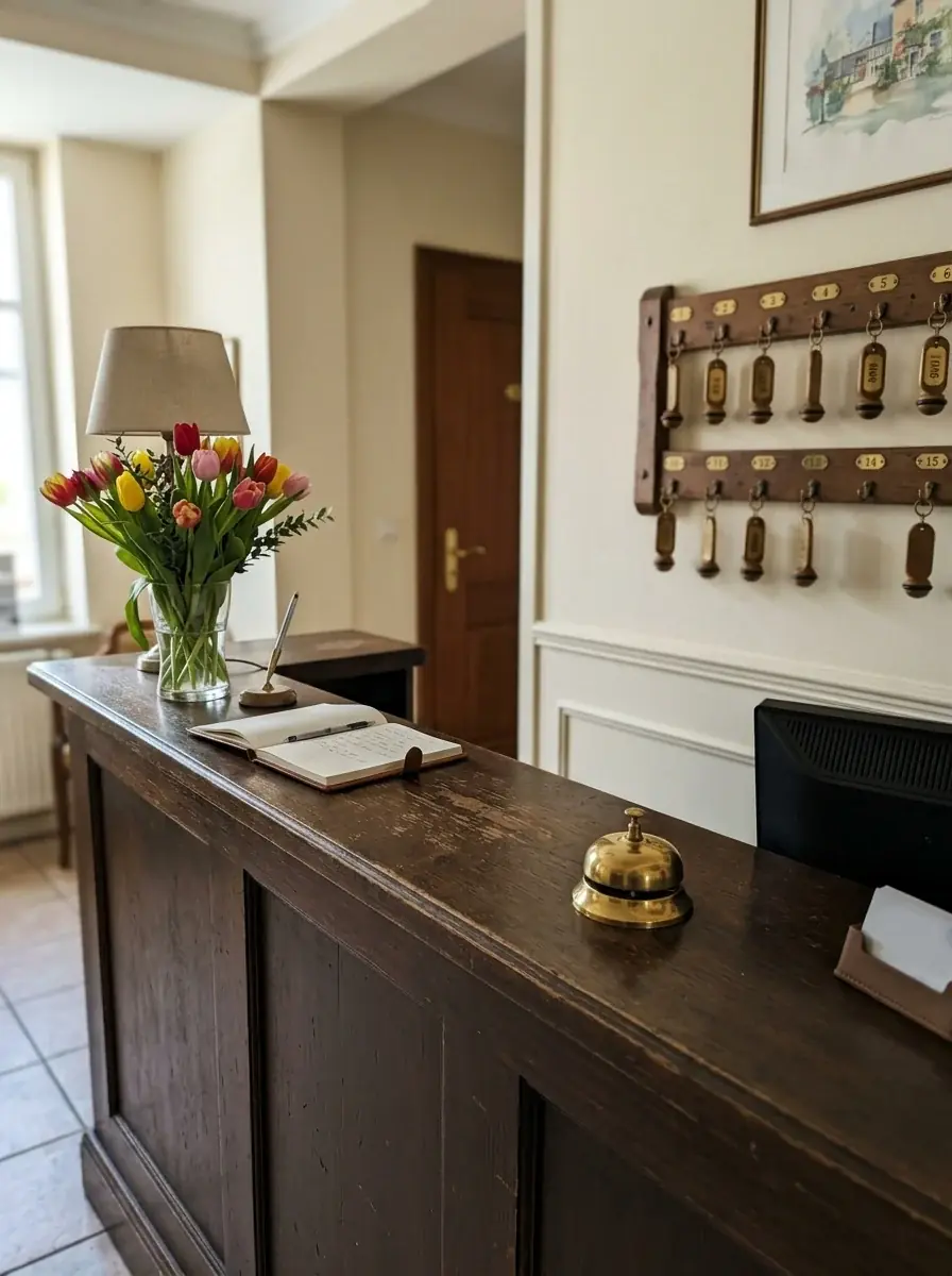 A generated phone photo of a small hotel reception: a dark wood counter with a brass bell, tulips and a key rack on the wall