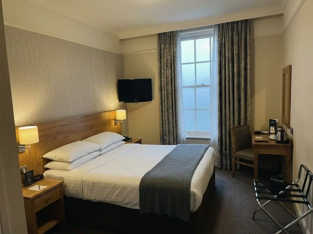 The same room edited by AI: curtains open to daylight, bedside lamps on, the TV off, the throw folded and the suitcase gone, with the furniture unchanged