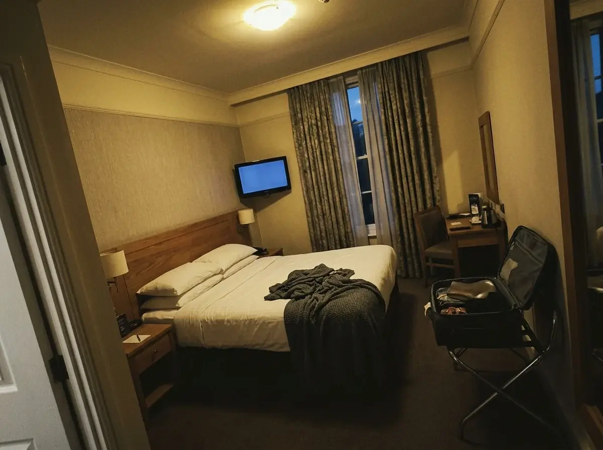 A generated staff phone photo of a hotel double room: curtains half closed, a blue TV screen, a crumpled gray throw and an open suitcase, dim yellow light