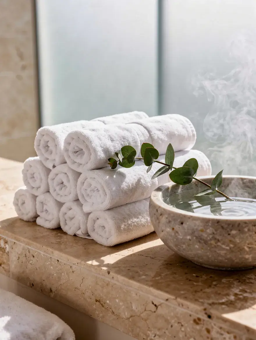A stack of rolled white towels and a eucalyptus sprig over a stone bowl of water, steam rising in front of frosted glass