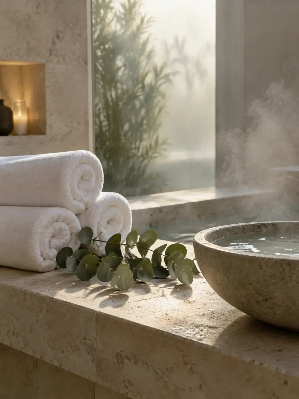 Rolled towels and eucalyptus on a travertine ledge beside a steaming stone bowl, a candle niche and frosted glass behind